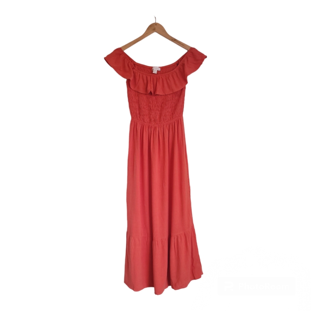 NWT Monteau Los Angeles Maxi Smocked Dress Size M Linen Blend Orange